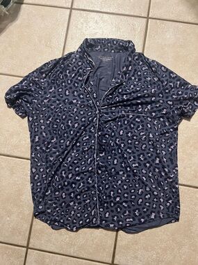 Victoria's Secret Navy and Light Mauve Leopard-Print Short Sleeve Button Shirt